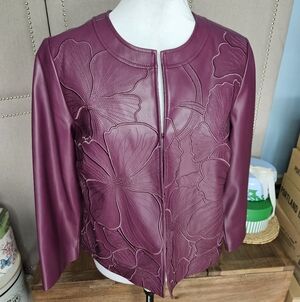 Chicos Vegan Leather Embroidered Jacket Wine Burgandy